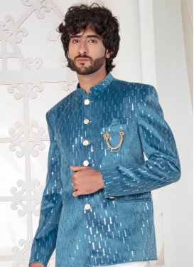 Light Blue and White Rayon Fancy Work Jodhpuri Suit for Men