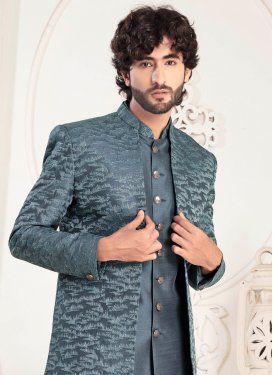 Silk Jodhpuri Suit in Teal with Embroidered Work for Festival