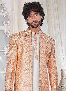 Silk Jodhpuri Suit with Embroidered Work for Men in Peach and White