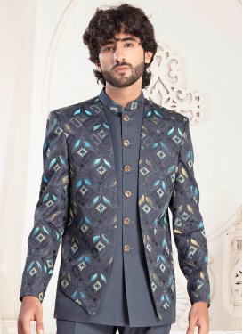 Fancy Fabric Jodhpuri Suit in Grey with Woven Work for Men