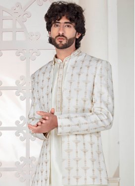 Silk Jodhpuri Suit with Embroidered Work in White