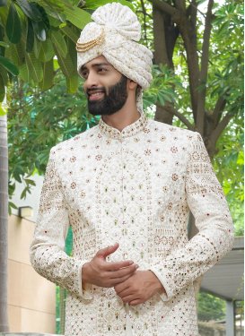 Silk Wedding Sherwani with Cutdana Work for Men in Off White