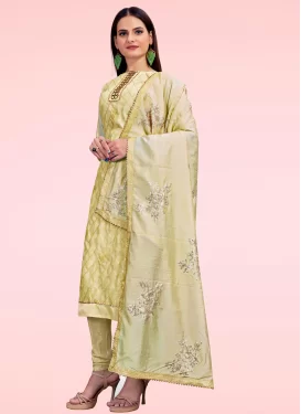 Chanderi Silk Churidar Suit with Embroidered Work in Cream for Ceremonial