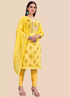 Digital Print Work Churidar Suit For Ceremonial in Yellow