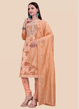 Chanderi Silk Churidar Suit with Digital Print Work in Peach