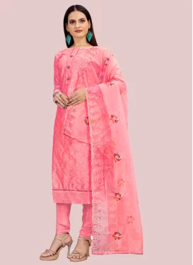 Embroidered Work Chanderi Silk Churidar Suit in Hot Pink for Women