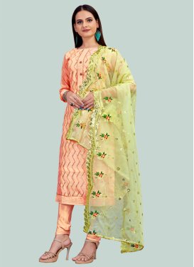 Chanderi Silk Churidar Suit with Embroidered Work for Women in Peach