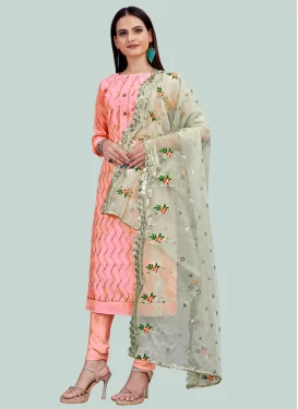 Embroidered Work Chanderi Silk Churidar Suit in Pink for Women