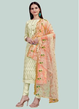 Cream Chanderi Silk Churidar Suit with Embroidered Work for Ceremonial