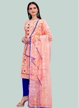 Blue and Salmon Chanderi Silk Gota Patti Work Churidar Suit for Women