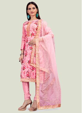 Chanderi Silk Churidar Suit with Digital Print Work for Women in Pink