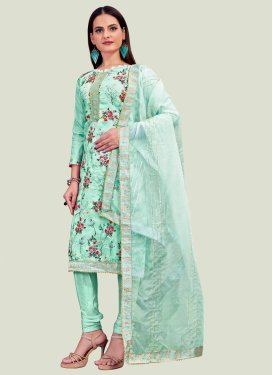 Chanderi Silk Churidar Suit with Digital Print Work for Women in Turquoise