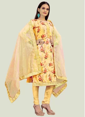 Chanderi Silk Churidar Suit with Digital Print Work for Festival in Mustard