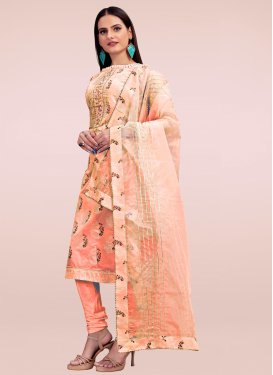 Cutdana Work Chanderi Silk Churidar Suit in Salmon for Women