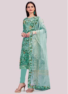 Digital Print Work Chanderi Silk Churidar Suit in Aqua Blue for Festival