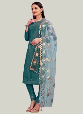 Chanderi Silk Churidar Suit with Embroidered Work for Festival in Teal