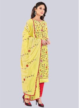 Embroidered Work Churidar Suit For Ceremonial in Red and Yellow