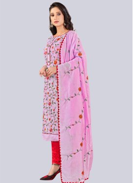 Chanderi Silk Churidar Suit with Embroidered Work for Women in Lavender and Red