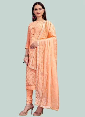 Embroidered Work Chanderi Silk Churidar Suit in Peach for Women