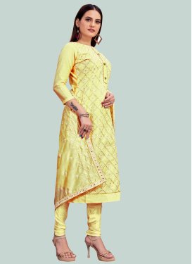 Chanderi Silk Churidar Suit in Yellow with Embroidered Work for Ceremonial