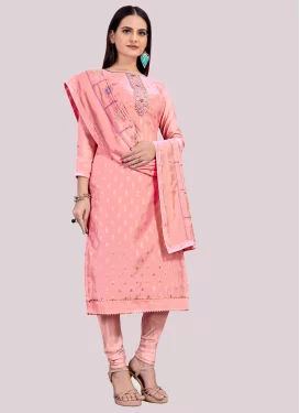 Banarasi Silk Churidar Suit with Embroidered Work in Salmon