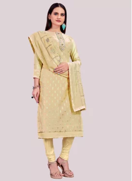 Banarasi Silk Churidar Suit in Cream with Embroidered Work for Women