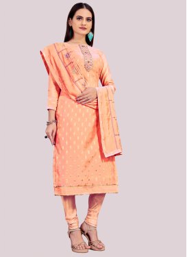 Banarasi Silk Churidar Suit with Embroidered Work in Peach for Ceremonial