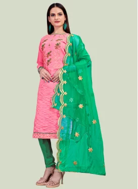 Chanderi Silk Churidar Suit with Beads Work for Women in Green and Pink
