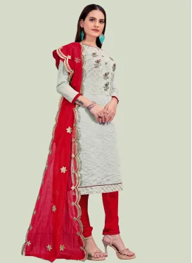Chanderi Silk Churidar Suit with Beads Work in Red and Silver Color
