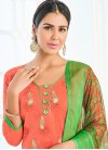 Classy Coral and Mint Green Embroidered Work Chanderi Cotton Trendy Churidar Suit For Casual - 1