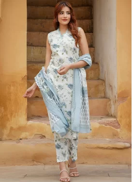 Cotton Silk Readymade Salwar Suit in Off White with Digital Print Work for Women