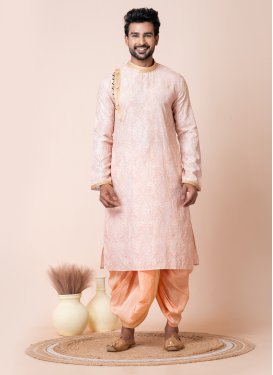 Cotton Dhoti Kurta with Digital Print Work for Men in Peach and Salmon