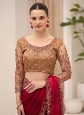 Satin Georgette Classic Saree in Red with Embroidered Work for Women