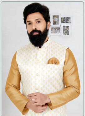 Dupion Silk Nehru Jacket in White with Woven Work for Ceremonial