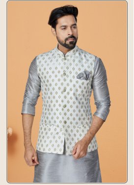 Dupion Silk Nehru Jacket in Off White with Woven Work for Men
