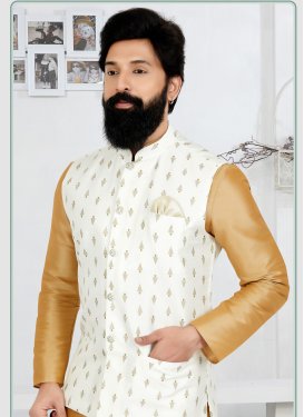 Dupion Silk Nehru Jacket with Woven Work in White for Ceremonial