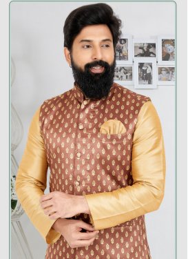 Brown Dupion Silk Nehru Jacket with Woven Work for Ceremonial