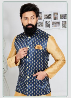 Dupion Silk Nehru Jacket with Woven Work for Men in Navy Blue