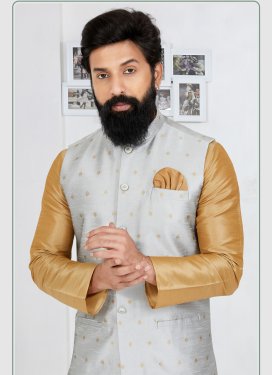 Grey Dupion Silk Nehru Jacket with Woven Work for Ceremonial