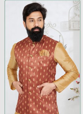 Dupion Silk Nehru Jacket in Salmon with Woven Work for Men