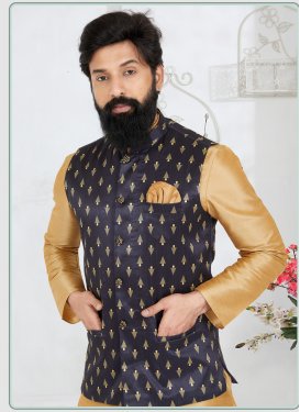 Woven Work Dupion Silk Nehru Jacket in Navy Blue for Men