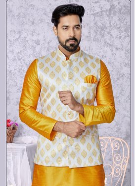 Dupion Silk Nehru Jacket with Woven Work for Ceremonial in Off White
