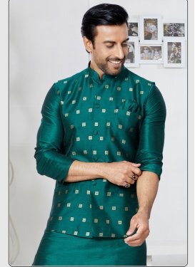 Green Dupion Silk Woven Work Nehru Jacket for Men