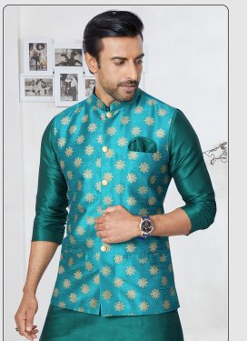 Dupion Silk Nehru Jacket with Woven Work in Teal for Ceremonial