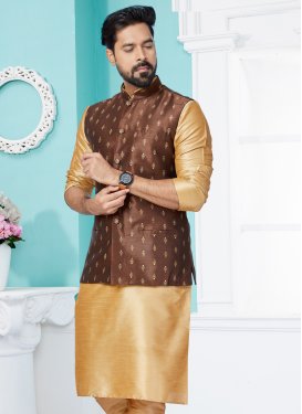 Woven Work Dupion Silk Nehru Jacket in Brown for Festival