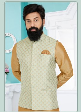 Woven Work Jacquard Silk Nehru Jacket in Sea Green for Festival