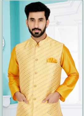 Jacquard Silk Nehru Jacket in Gold with Woven Work for Ceremonial
