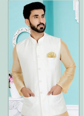 Jacquard Silk Nehru Jacket in White with Woven Work for Men
