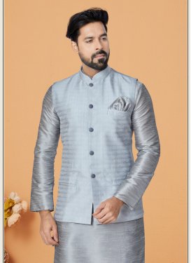 Jacquard Silk Nehru Jacket with Woven Work in Grey