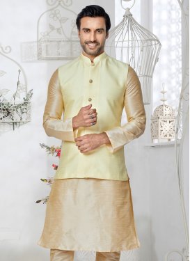 Jacquard Silk Nehru Jacket with Woven Work in Cream for Ceremonial